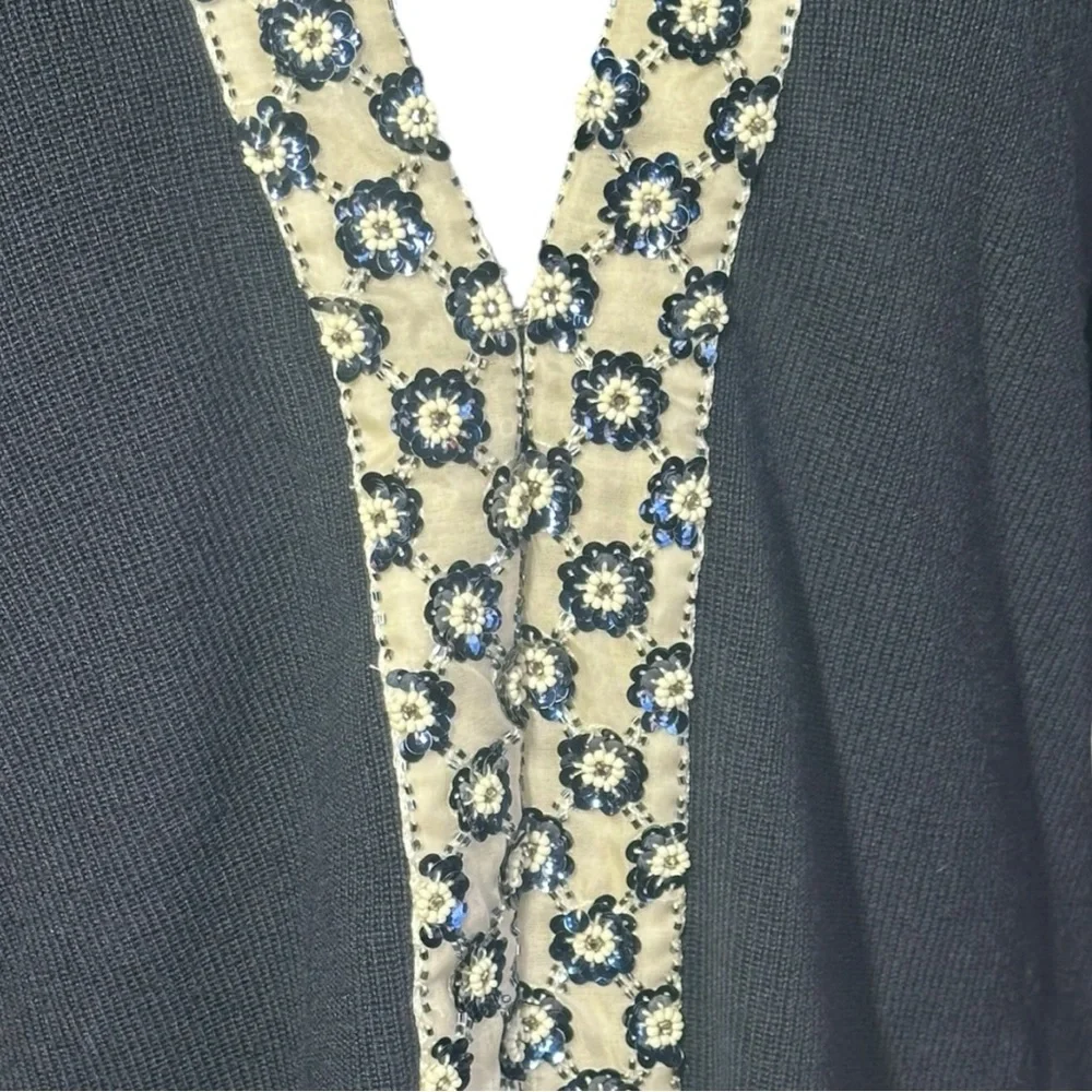 Tory Burch Merino Wool Printed Cardigan Sweater Large Navy Blue Sequins V-Neck - Picture 13 of 13